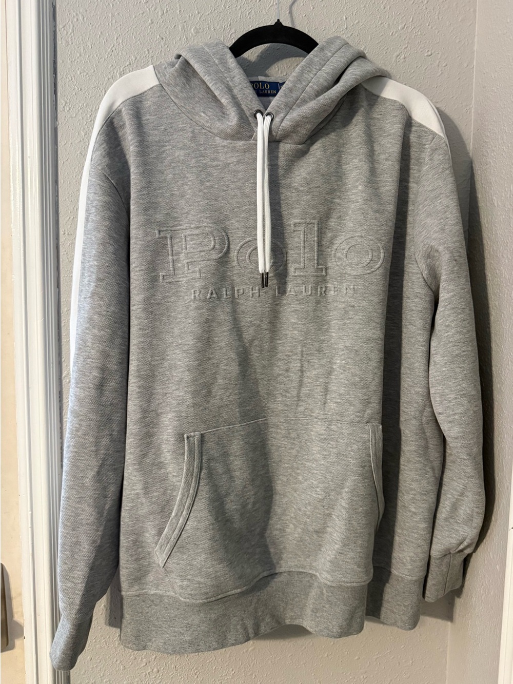 Ralph Lauren Grey Pullover Hoodie with White Sleeve Stripes - Picture 4 of 9